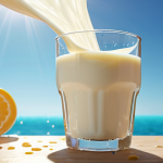 **Fortified Milk Visualization:** A glass of milk swirling, with glowing particles (representing Vitamin D) being added. The background shows a sunny scene, highlighting the natural source of Vitamin D. Style: Bright, clean, and slightly futuristic.