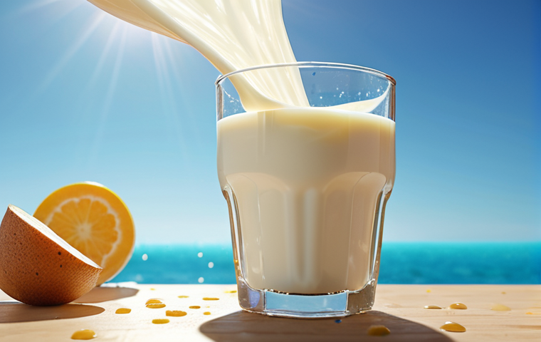 **Fortified Milk Visualization:** A glass of milk swirling, with glowing particles (representing Vitamin D) being added. The background shows a sunny scene, highlighting the natural source of Vitamin D. Style: Bright, clean, and slightly futuristic.