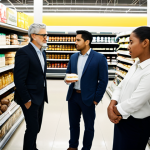 A diverse group of professionally dressed individuals, fully clothed in modest, modern business casual attire, standing in a brightly lit, clean supermarket dairy aisle. The shelves are abundantly stocked with a wide variety of plant-based milk cartons, including oat, almond, coconut, and potato milk. They are observing the products with interest, reflecting contemporary consumer choices and market abundance. Professional photography, high resolution, soft ambient lighting, sharp focus, perfect anatomy, correct proportions, natural pose, well-formed hands, proper finger count, safe for work, appropriate content, family-friendly.