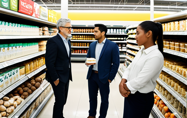 A diverse group of professionally dressed individuals, fully clothed in modest, modern business casual attire, standing in a brightly lit, clean supermarket dairy aisle. The shelves are abundantly stocked with a wide variety of plant-based milk cartons, including oat, almond, coconut, and potato milk. They are observing the products with interest, reflecting contemporary consumer choices and market abundance. Professional photography, high resolution, soft ambient lighting, sharp focus, perfect anatomy, correct proportions, natural pose, well-formed hands, proper finger count, safe for work, appropriate content, family-friendly.