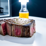 A pristine, laboratory-grown steak, perfectly formed and visually appealing, presented on a sleek, minimalist surface in a futuristic food innovation lab. In the background, glowing bioreactors and advanced scientific equipment are clearly visible, emphasizing cellular agriculture and sustainable protein development. The atmosphere is clean, sterile, and high-tech, showcasing a new era of food production. safe for work, appropriate content, fully clothed, professional, high quality, studio lighting, detailed, realistic.