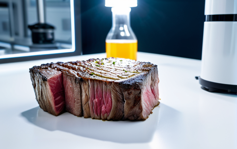 A pristine, laboratory-grown steak, perfectly formed and visually appealing, presented on a sleek, minimalist surface in a futuristic food innovation lab. In the background, glowing bioreactors and advanced scientific equipment are clearly visible, emphasizing cellular agriculture and sustainable protein development. The atmosphere is clean, sterile, and high-tech, showcasing a new era of food production. safe for work, appropriate content, fully clothed, professional, high quality, studio lighting, detailed, realistic.