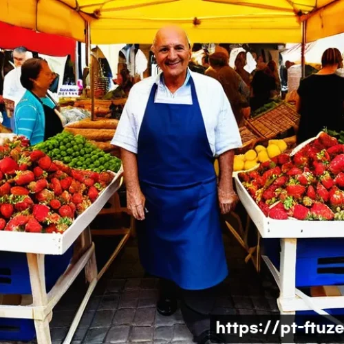 Home 32 지속 가능한 식품 생산 방법 - **Prompt: A Vibrant Portuguese Farmers' Market**
A bustling outdoor "mercado agrícola" in Setúba...