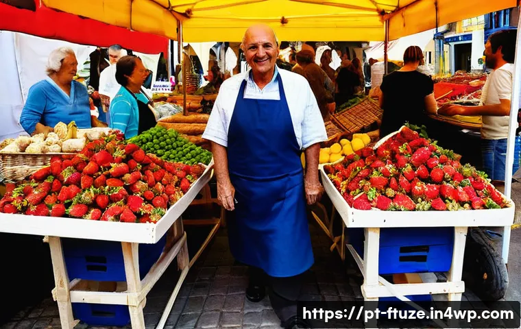 지속 가능한 식품 생산 방법 - **Prompt: A Vibrant Portuguese Farmers' Market**
A bustling outdoor "mercado agrícola" in Setúba...