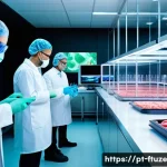 Home 19 식품 혁신과 윤리적 소비 - A futuristic laboratory setting showcasing cultivated meat production: close-up of bioreactors fille...