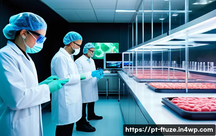 식품 혁신과 윤리적 소비 - A futuristic laboratory setting showcasing cultivated meat production: close-up of bioreactors fille...