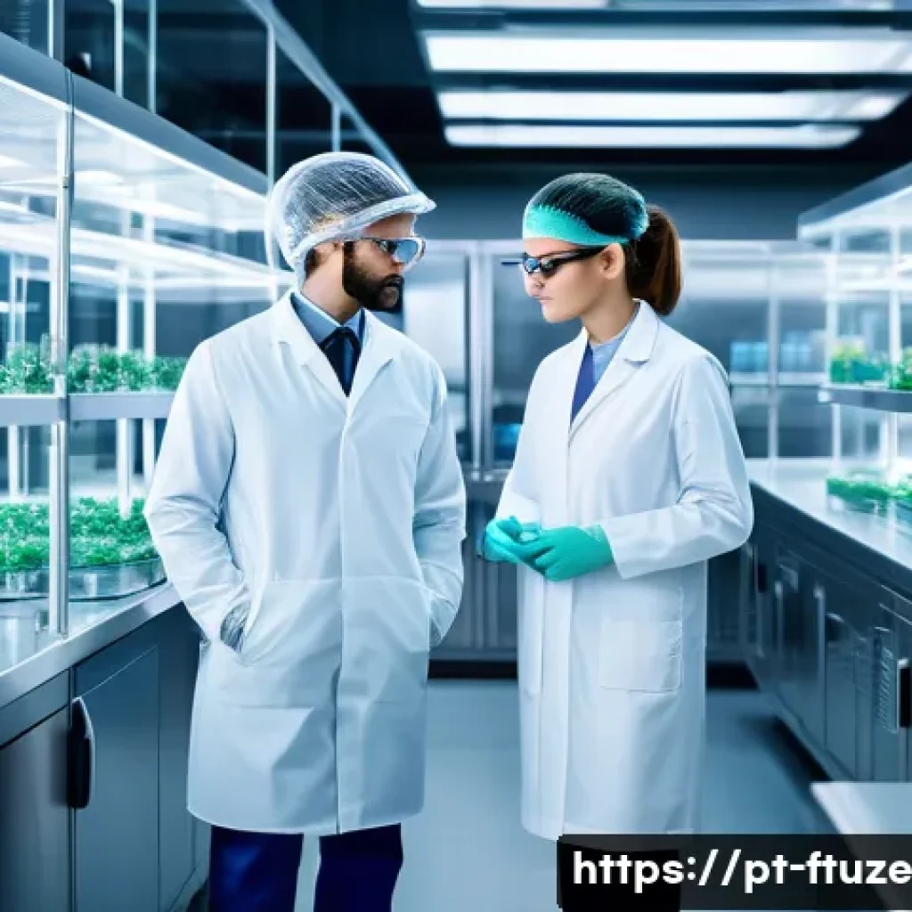 미래식품 기술의 법적 이슈 - A futuristic laboratory scene showcasing scientists in professional attire and protective gear worki...