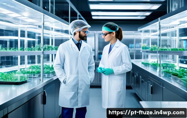 미래식품 기술의 법적 이슈 - A futuristic laboratory scene showcasing scientists in professional attire and protective gear worki...
