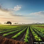 Home 17 전통 농업과 미래식품의 차이점 - A modern Brazilian family farm landscape at sunrise, featuring a farmer using a smartphone app to mo...