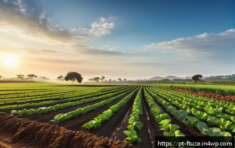전통 농업과 미래식품의 차이점 - A modern Brazilian family farm landscape at sunrise, featuring a farmer using a smartphone app to mo...