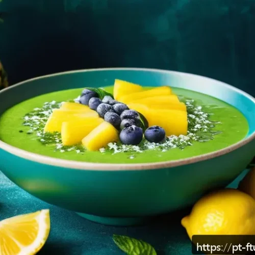 Home 16 해양 플랑크톤의 식품 활용 가능성 - A vibrant, close-up image of a green smoothie bowl topped with tropical fruits like pineapple, lemon...