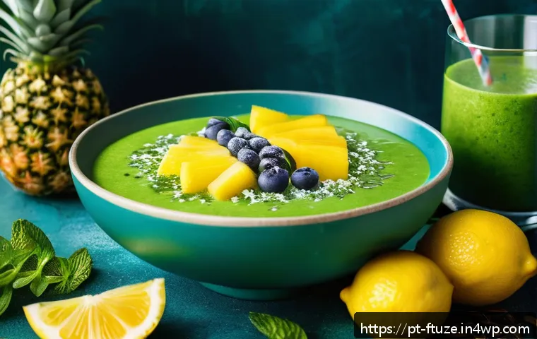 해양 플랑크톤의 식품 활용 가능성 - A vibrant, close-up image of a green smoothie bowl topped with tropical fruits like pineapple, lemon...