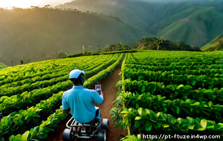 Home 13 로봇을 활용한 농업 혁신 - Photorealistic sunrise view of a modern Brazilian coffee farm, a compact autonomous agricultural rob...